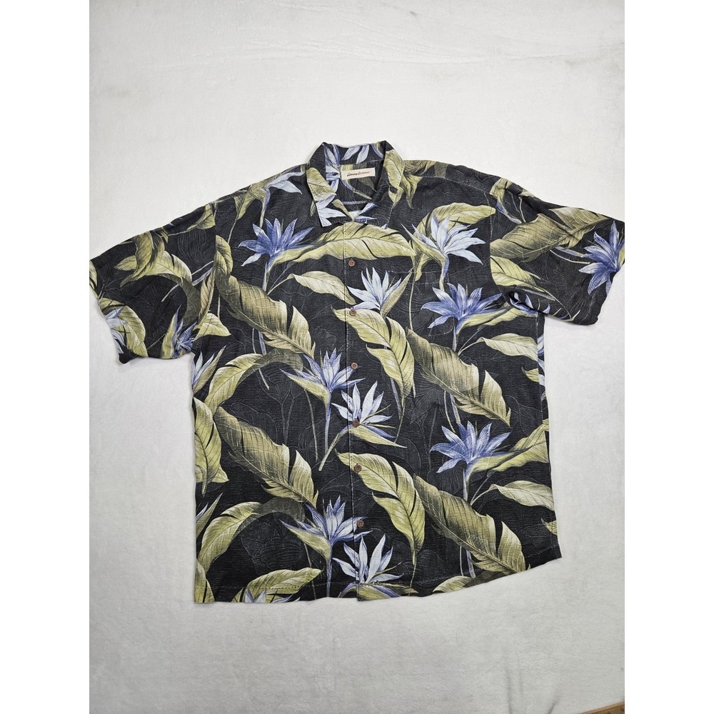Tommy Bahama 100% Silk Hawaiian Shirt Men's Size XXL Black Palm Leaf Tropical